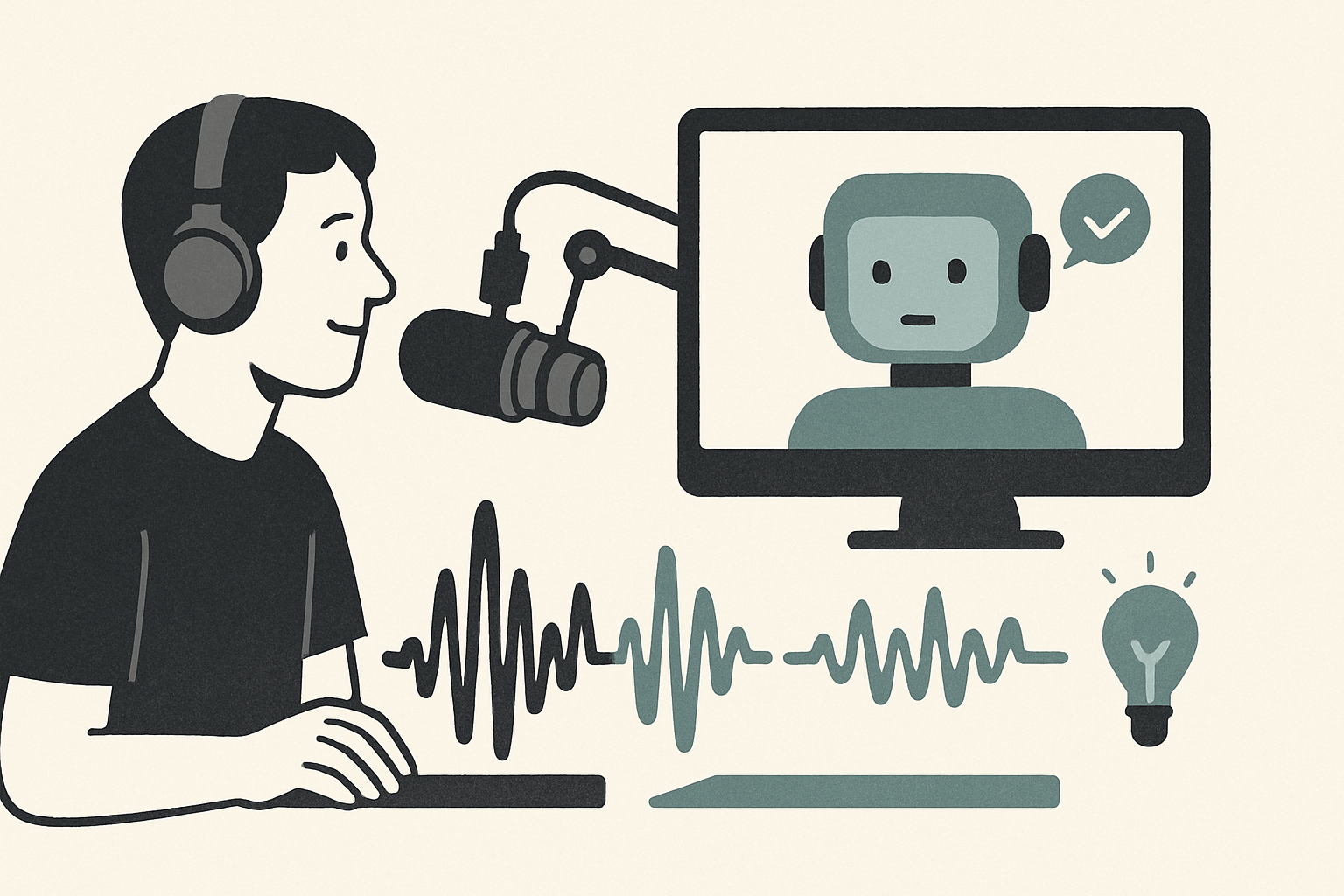 Illustrasjon for AI-produksjonscrew for podkast — live faktasjekk og innholdsassistent