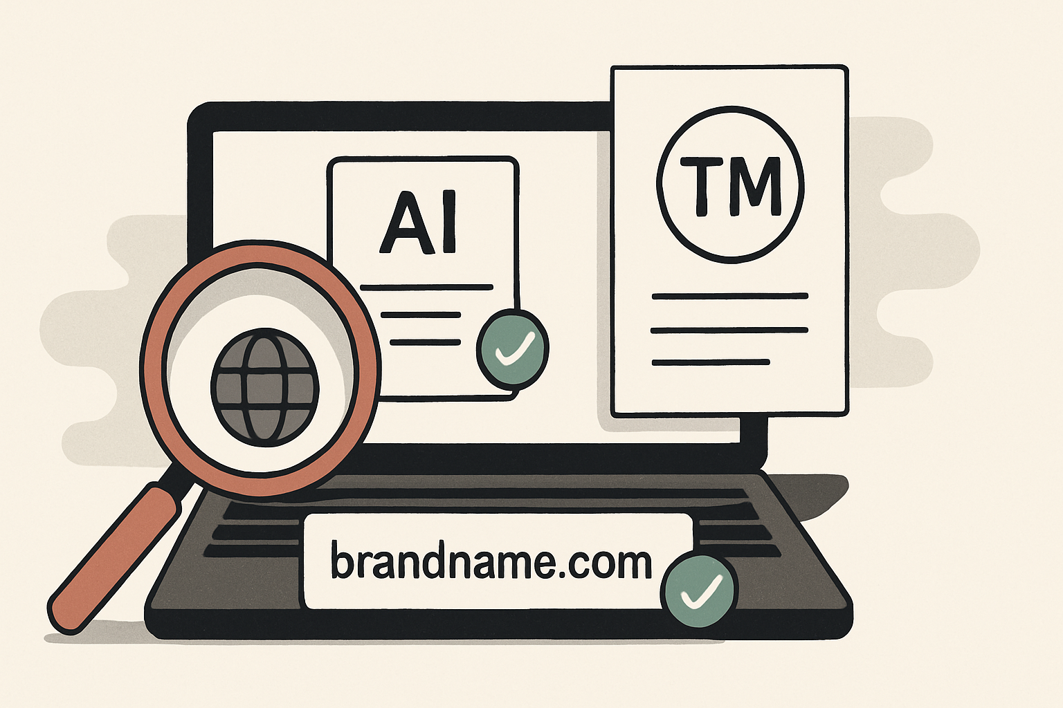 Illustrasjon for AI Brand Builder — automatisk sjekk av navn, domene og varemerke
