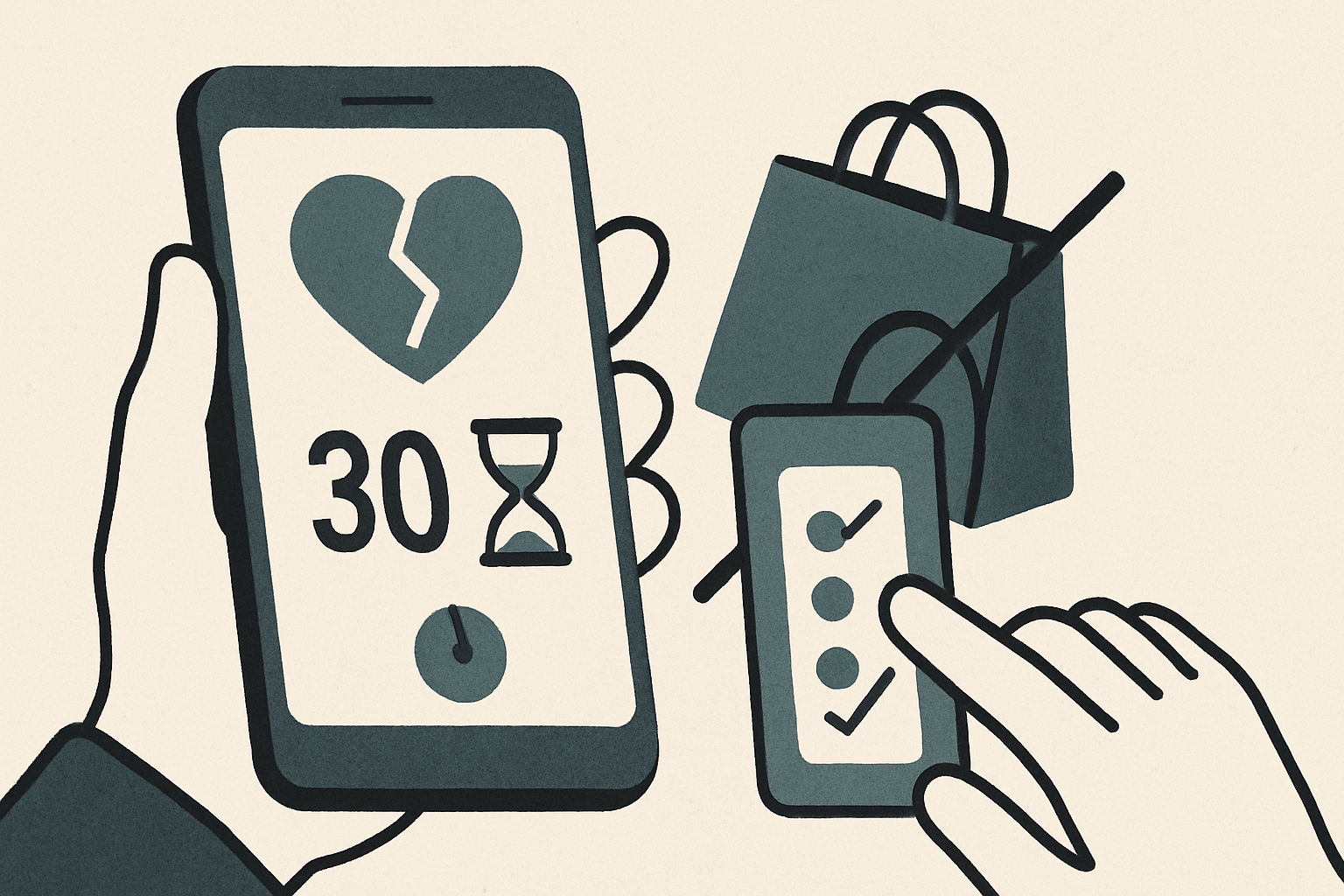 Illustrasjon for Shopping Addiction App — «Drop the shop» (30-dagers no-buy gamification)