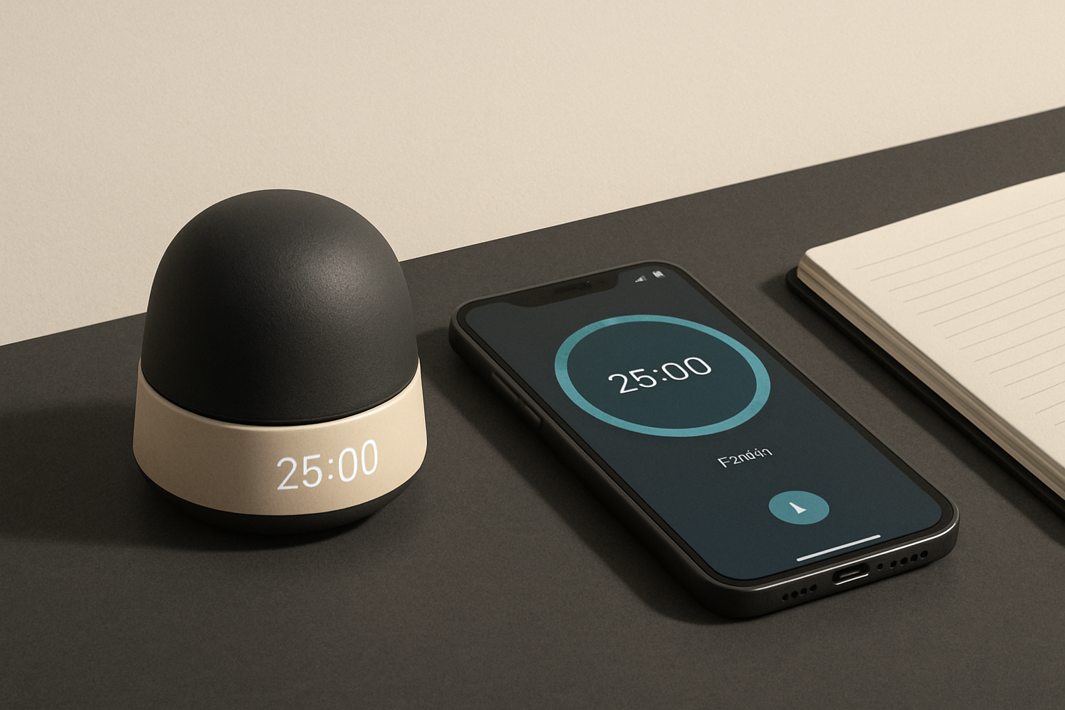 Illustrasjon for Smart fokus‑timer: fysisk enhet med app som sporer økter